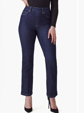 Spanx Crop Kick Flare Pull-On Jeans raw indigo wash size large NWOT